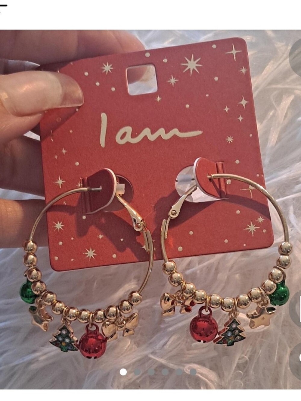 I AM Christmas Gold Hoop Earrings Green and Red Christmas Ball Earrings